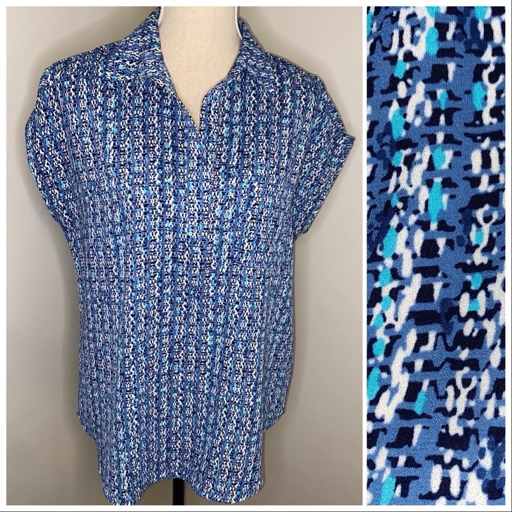 Pleione abstract striped cap sleeve loose fit blouse blue & white size Small